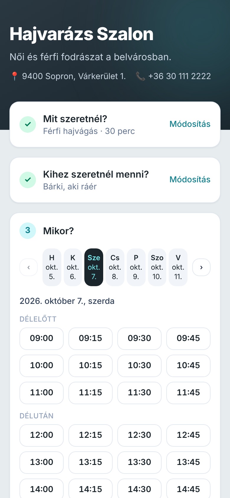 A Sorra foglalóoldala telefonon